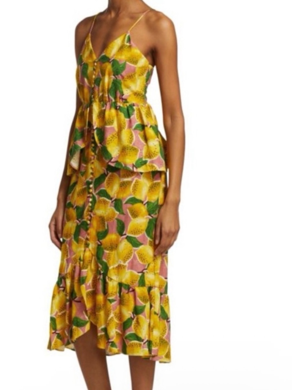 FARM Rio || Fresh Lemons Ruffle Midi Dress Button Front Pink Yellow Green xl